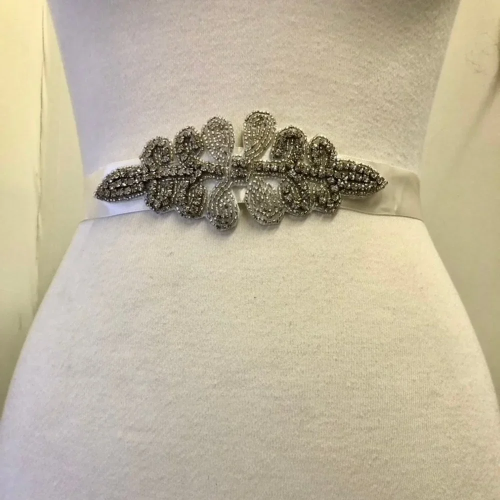 Natasha Couture Bridal Leaf Rhinestone Wedding Belt Sash